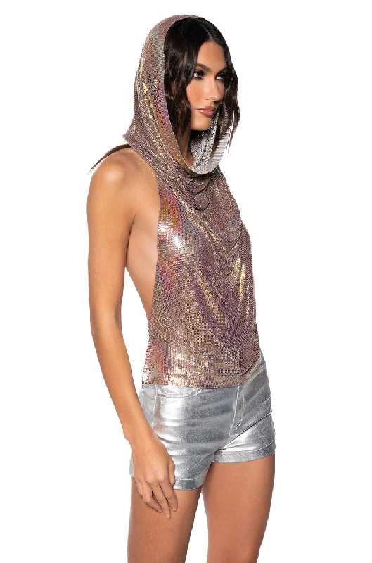 women's tops for glamorous eveningsSUNNA METAL CHAIN TOP WITH A HOOD