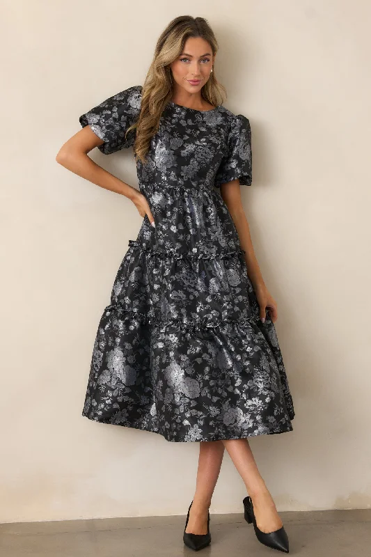 Cocktail DressFollow My Lead Black Floral Jacquard Midi Dress