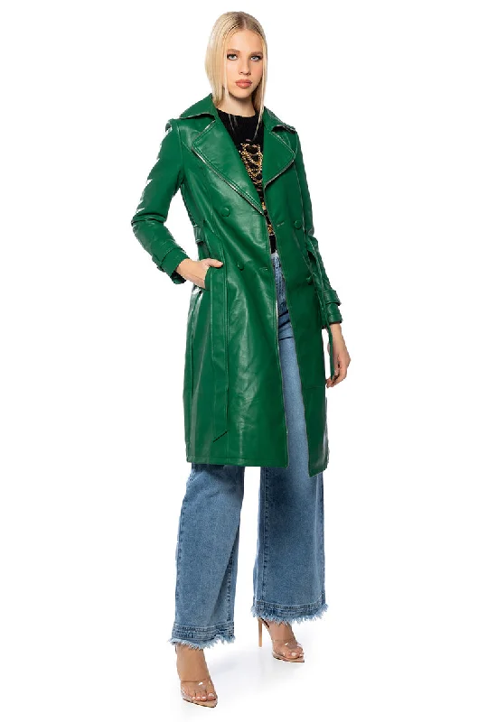 women's down coatsSANDO GREEN PLEATHER TRENCH COAT WITH ZIPPER TRIM