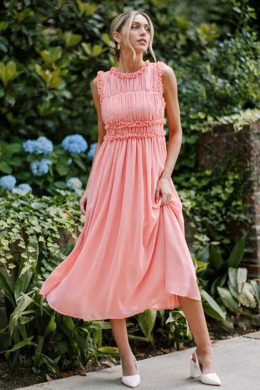 Glitter DressGraceful Gathering Pink Coral Sleeveless Midi Dress