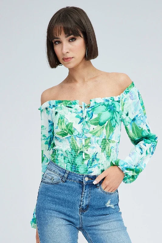 three-quarter sleeve women's topsGreen Floral Bodysuit Long Sleeve Floral Print