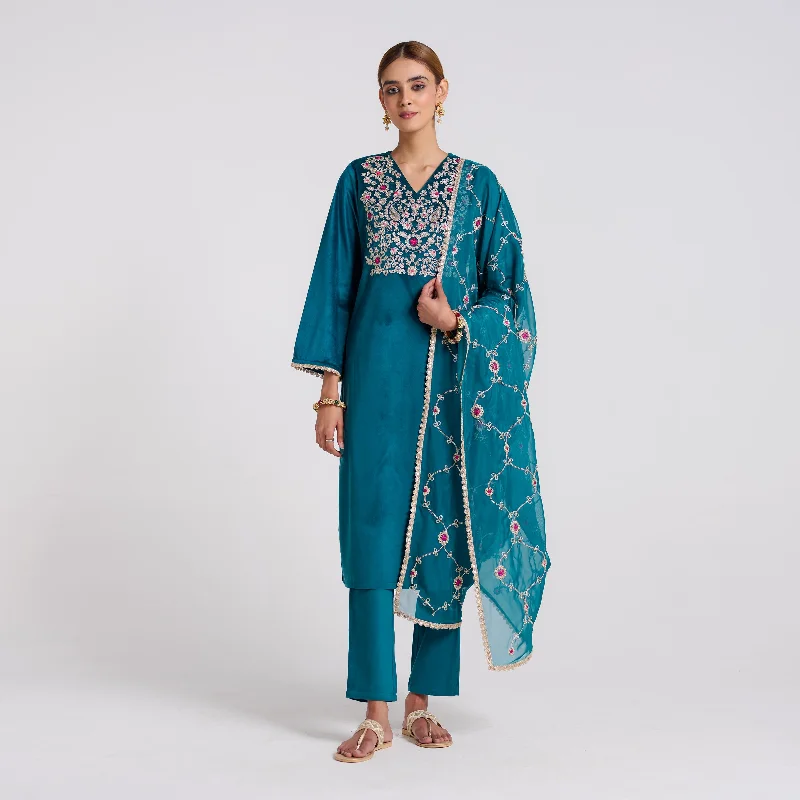 Teal Embroidered Gulzaar Velvet Set with Dupatta