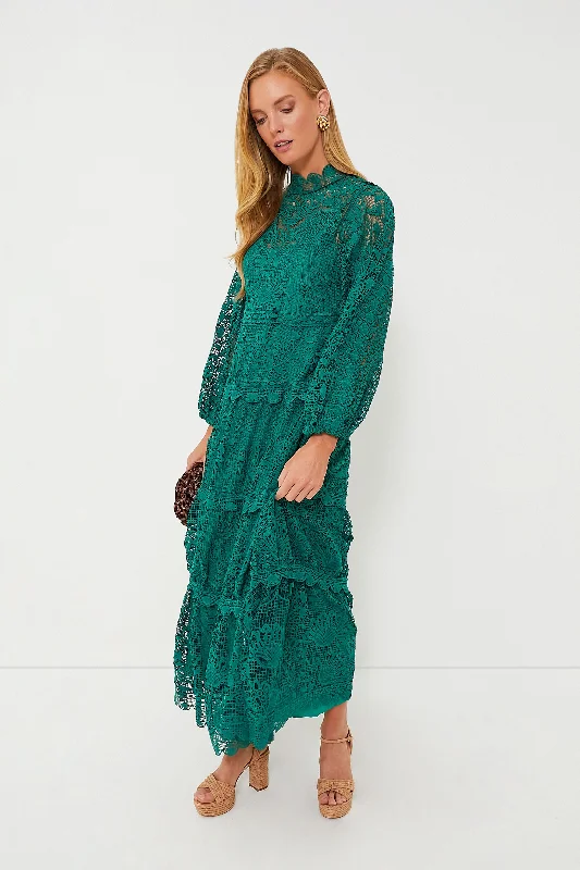 Zip-Up DressDark Green Guipure Long Sleeve Maxi Dress