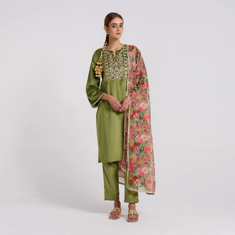 Olive Embroidered Phulwari Velvet Set with Dupatta