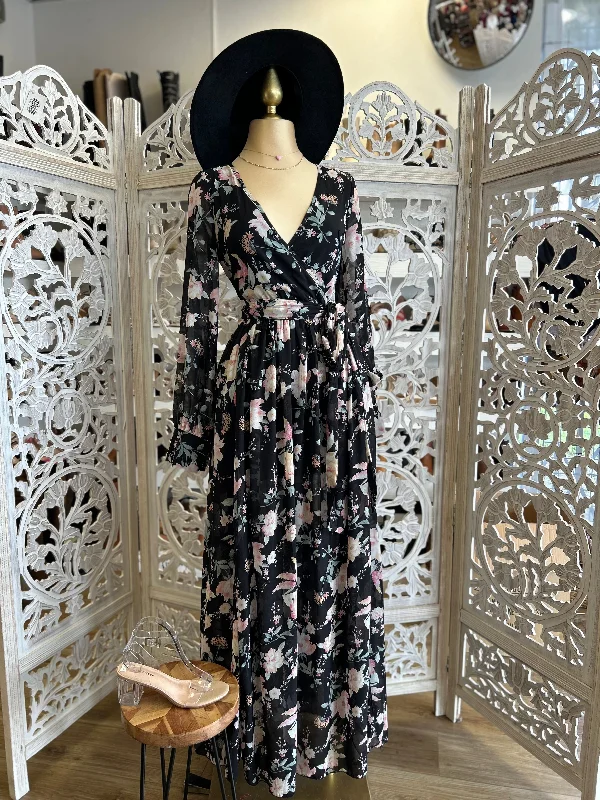 women's lace-up dressesBlack Floral Wrapped Maxi Dress- Slightly Stretchy