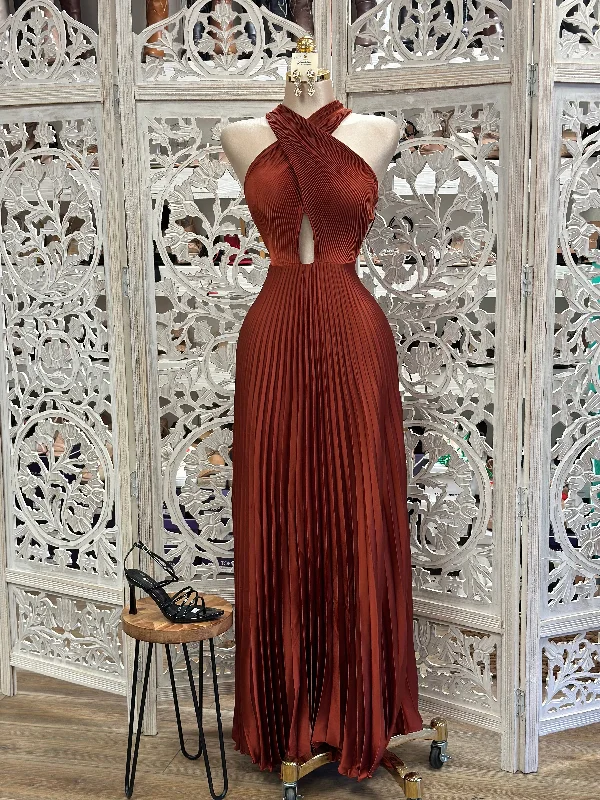 Velvet DressDeep Rust Pleated Satin Maxi Dress- Stretchy, Estira