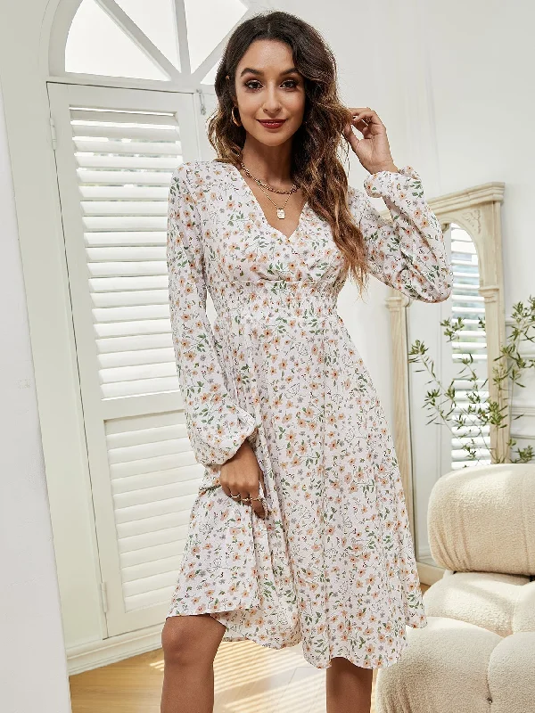 women's solid color dressesKittenAlarm - Women V Neck Elastic Waist Floral Print Long Sleeve Maxi Dress