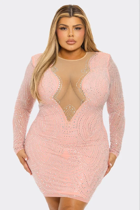 women's glam dressesBella Rhinestone Embellished Long Sleeve Plus Size Mini Dress