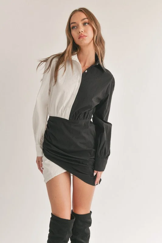 Tiered DressSplit Decision White and Black Color Block Wrap Mini Dress