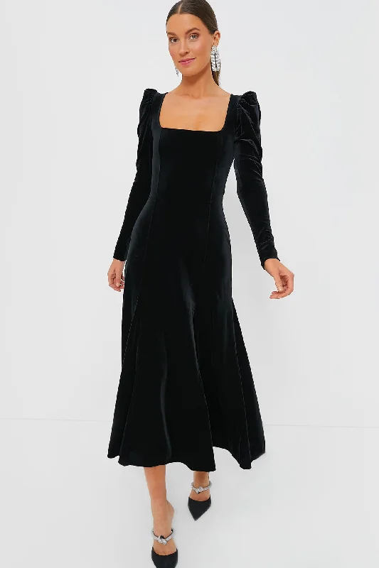 Flutter-Sleeve DressBlack Velvet Jersey Puff Sleeve Maxi Dress