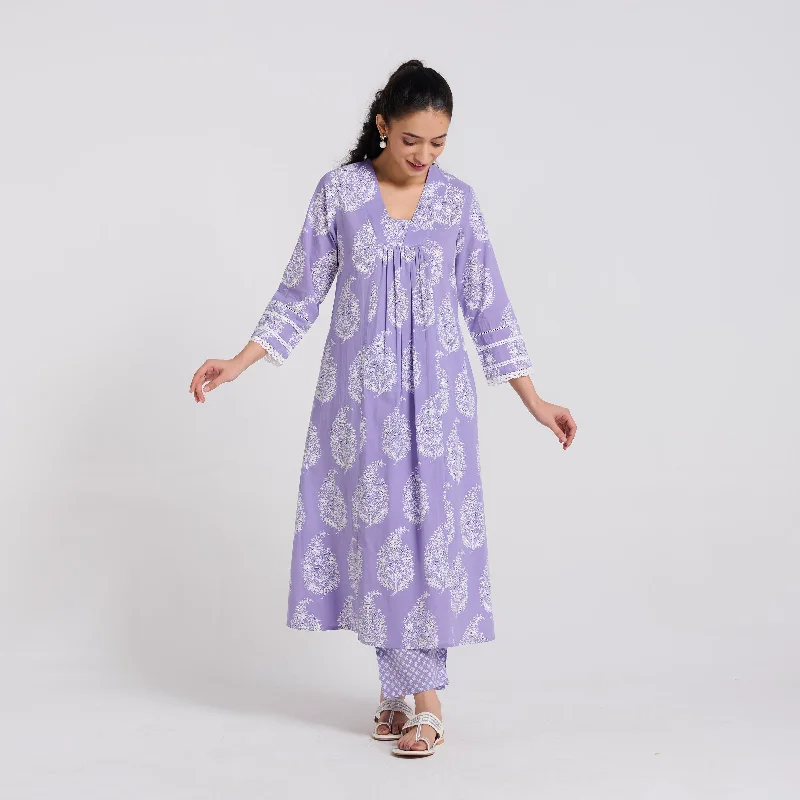 Lavender Pure Cotton Paisley Kurta Pant Set