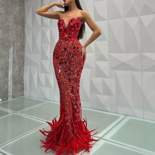 women's maximalist dressesKittenAlarm - Kitt Strapless Feather Red Mirror Maxi Dress