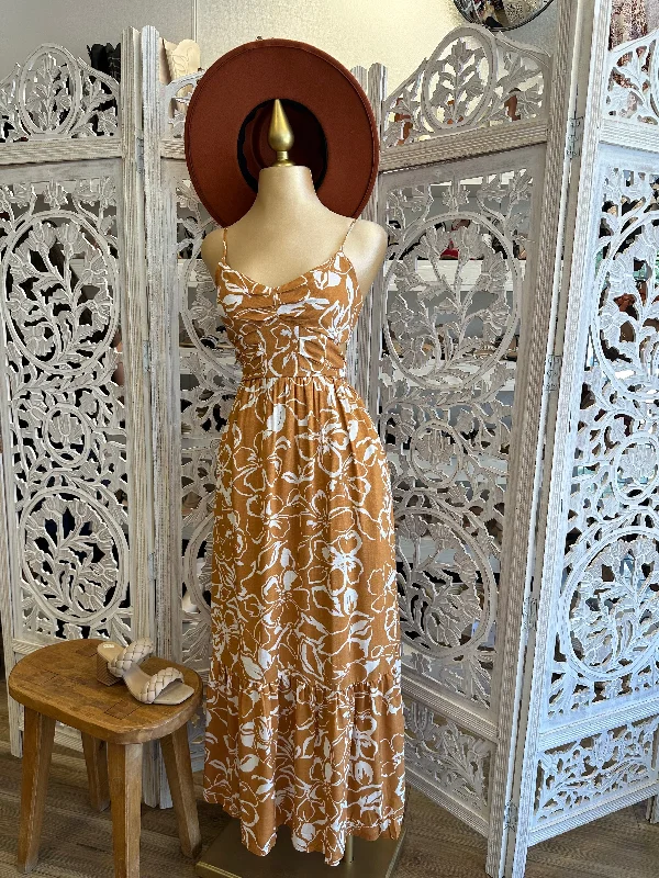 women's custom dressesFloral Burnt Orange Maxi Dress- Stretchy, Estira