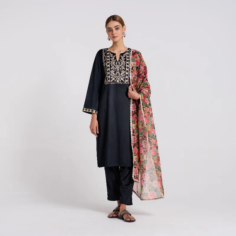 Black Embroidered Phulwari Velvet Set with Dupatta