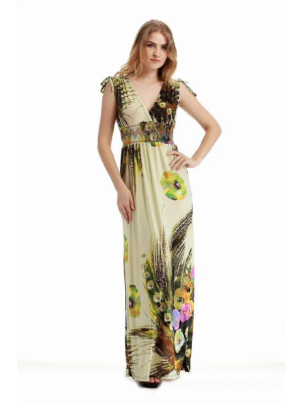 women's sleeveless dressesKittenAlarm - Plus Size M-6XL Surplice Front Elastic Waist Beige Camellia Maxi Dress