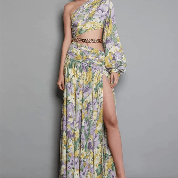 Embellished DressKittenAlarm - Krissy One Shoulder Chain Embellishment Floral Maxi Dress