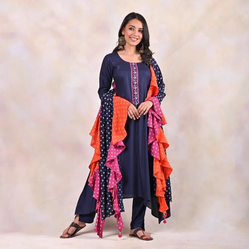 Indigo Kurta Pants Set with Tiered Bandhani Dupatta