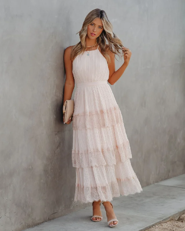 Tulle DressKittenAlarm - Affection Pleated Tiered Lace Maxi Dress - Blush