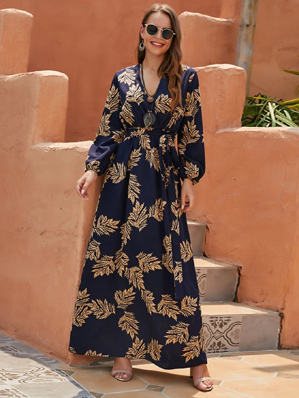 women's high-end dressesKittenAlarm - Leaf Print Elastic Waist Maxi Dress