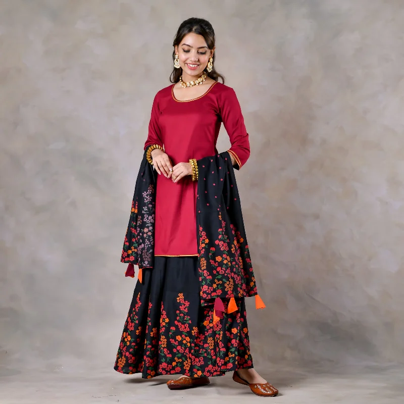 Maroon Black Palazzo Set for Women with Dupatta