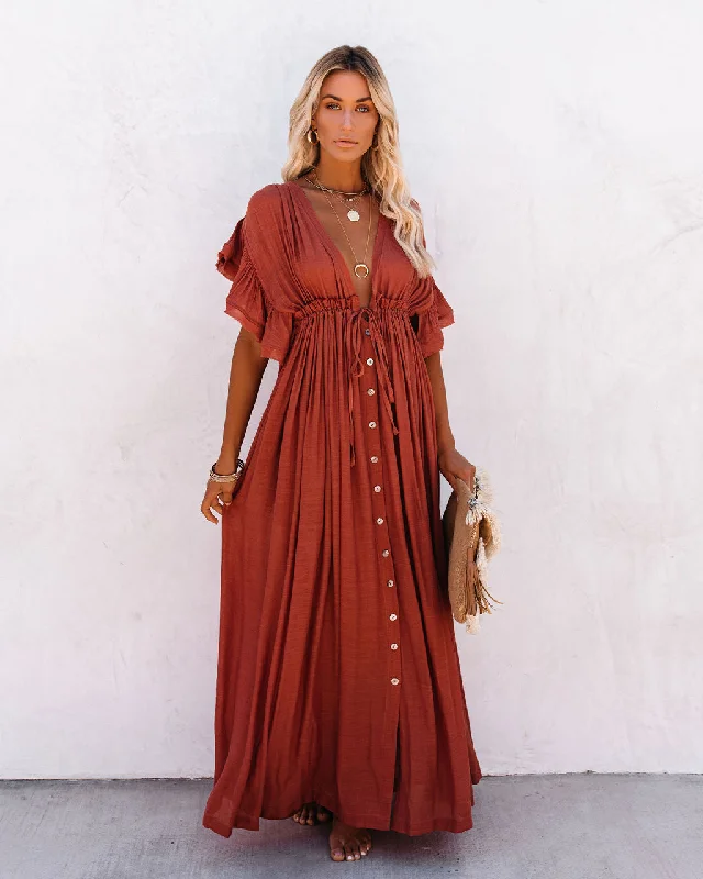 Embellished DressKittenAlarm - Anika Pocketed Button Down Ruffle Maxi Dress - Terracotta