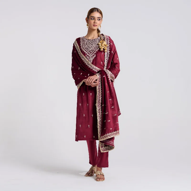 Maroon Embroidered Makhmali Velvet Set with Dupatta