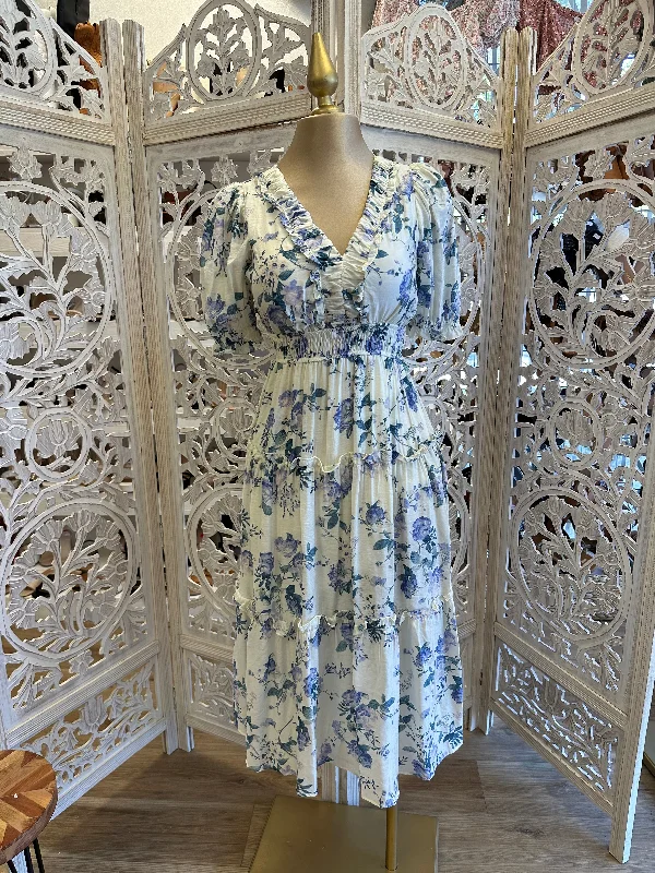 women's club dressesBlue Puff Sleeve Ruffle Floral Maxi Dress