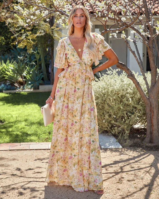 Body-Hugging DressKittenAlarm - Sanae Floral Ruffle Cutout Maxi Dress - Pale Yellow