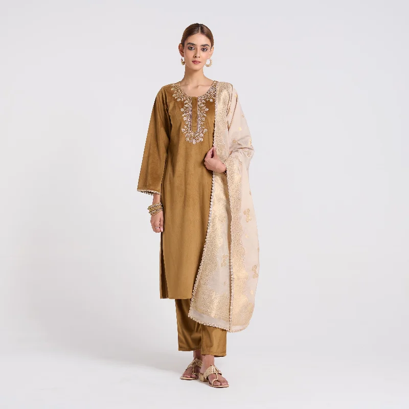 Brown Ochre Embroidered Noor Velvet Set with Brocade Dupatta