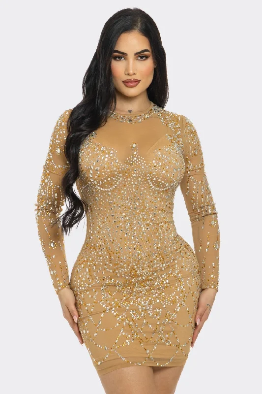 Elegant DressLadies Night Out / Tan Rhinestone Embellished Bodycon Mini Dress