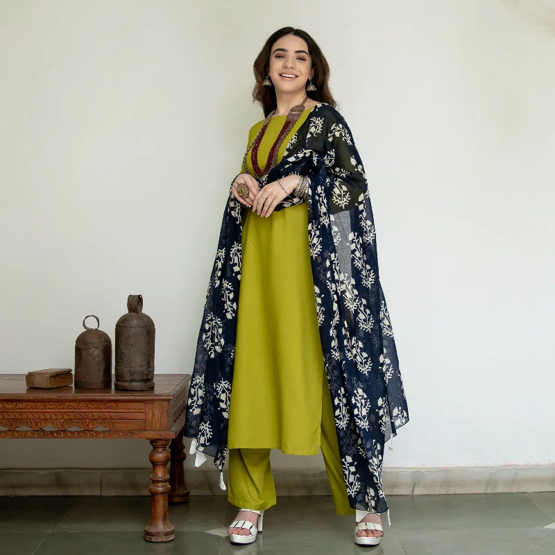 Olive Salwar Kurta Set for Women with Indigo Dupatta