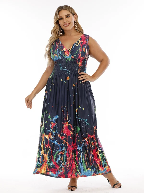 women's vacation dressesKittenAlarm - Plus Size Double V-neck Print Smocked Waist Maxi Dress