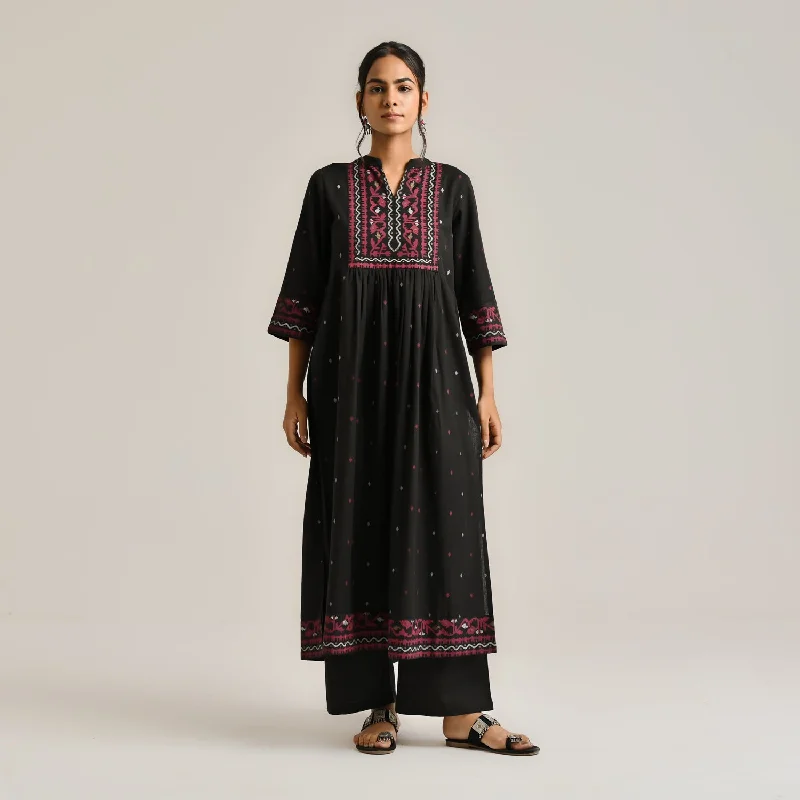 Black Linen Cotton Jamdani Printed Kurta Set with Side Slit