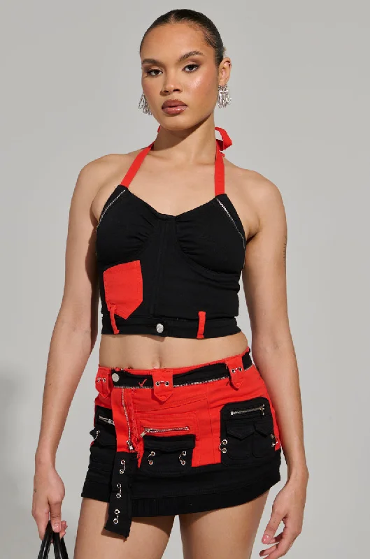 MOTOR SPORT CORSET TOP IN BLACK & RED