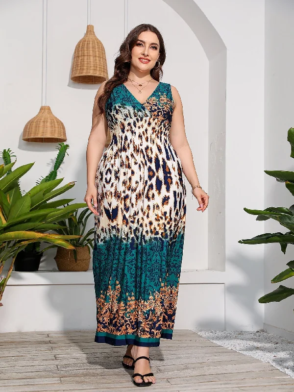 women's wrinkle-resistant dressesKittenAlarm - Plus Size V-neck Print Maxi Dress Beach Dress