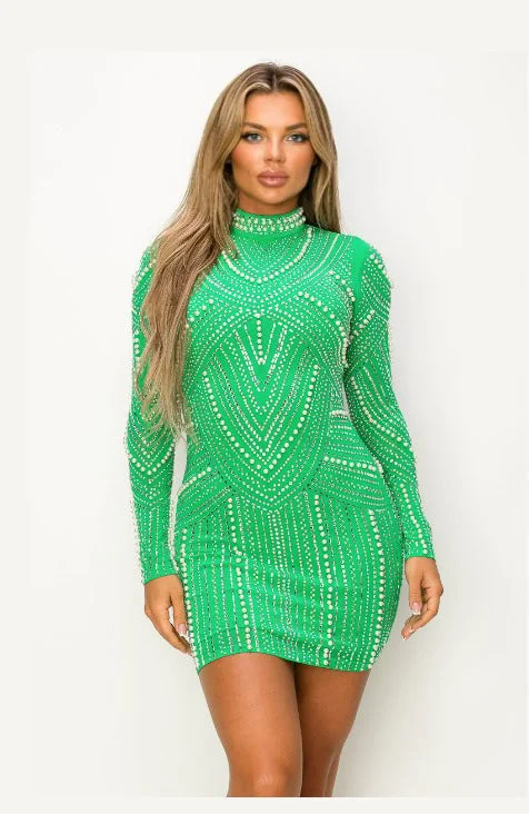 Bell-Sleeve DressTake Me Out Daddy Rhinestones And Pearls Mini Green Party  Dress