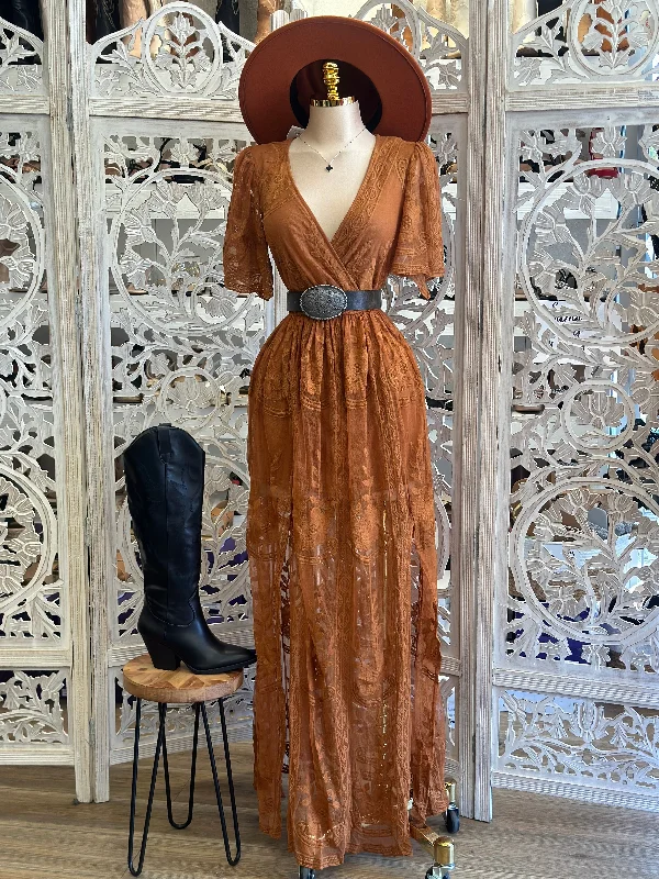 Ball Gown DressSheer Embroidered Rust Maxi Dress - Estira, Stretchy