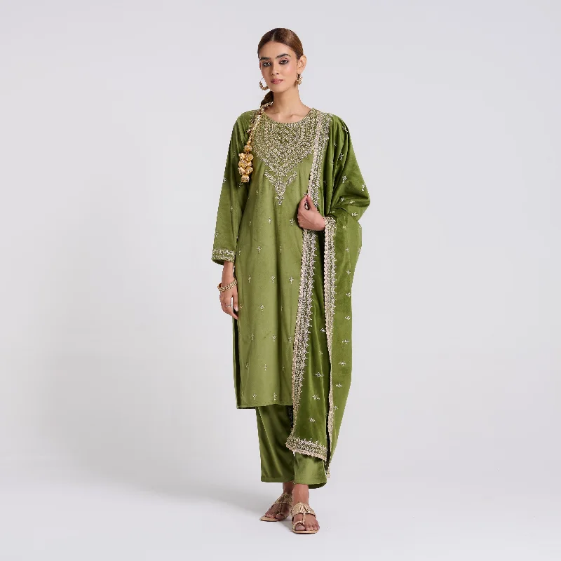 Olive Embroidered Gulzaar Velvet Set with Dupatta