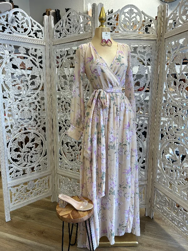 women's off-the-shoulder dressesBeige Floral Wrapped Maxi Dress- Slightly Stretchy