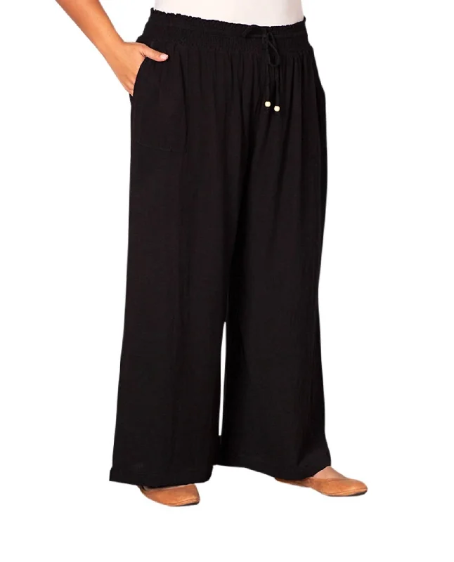 women's chic pantsSolid Drawstring Cotton Rayon Pants - Plus In Black