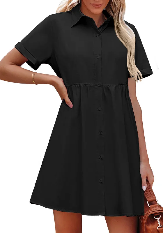 women's petite dressesBlack Women's Short Sleeve Button Down Babydoll Dress A-Line Tunic Dress