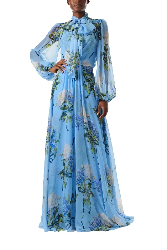 Cold-Shoulder DressFloral Printed Chiffon Long Sleeve Gown