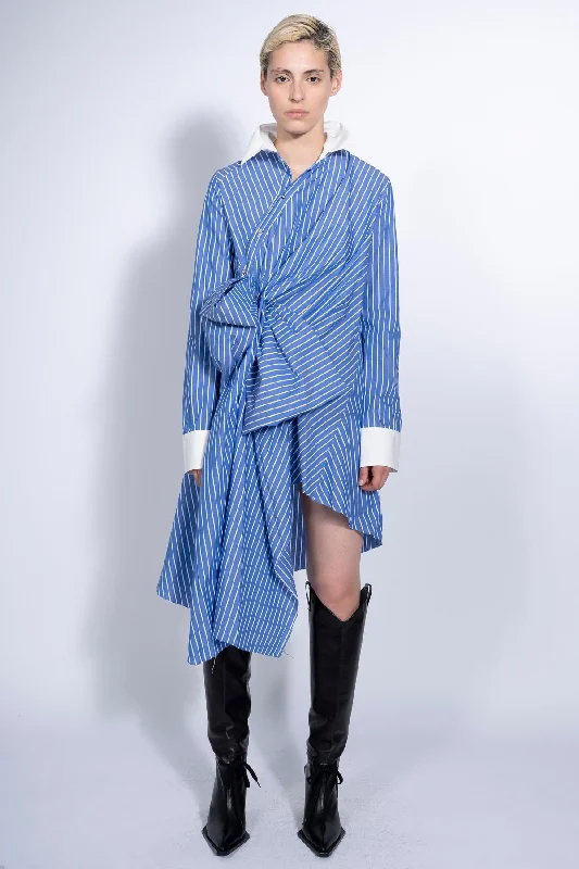 women's retro dressesBLUE STRIPED SHIRT DRESS WITH SIDE BOW