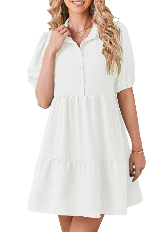 Casual DressBrilliant White Flowy Dresses for Women Babydoll Shirt Dress Business Casual Work Modest Puff Sleeve Short Dress