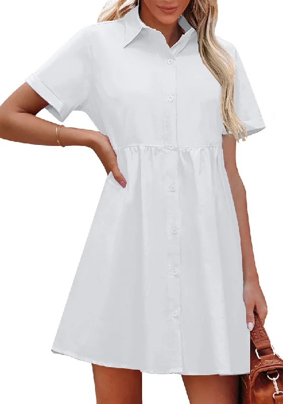 women's versatile dressesBrilliant White Women's Short Sleeve Button Down Babydoll Dress A-Line Tunic Dress