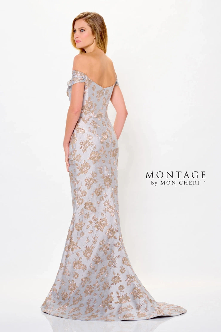 Leather DressMon Cheri Brocade with Cascade Gown | Misty Blue