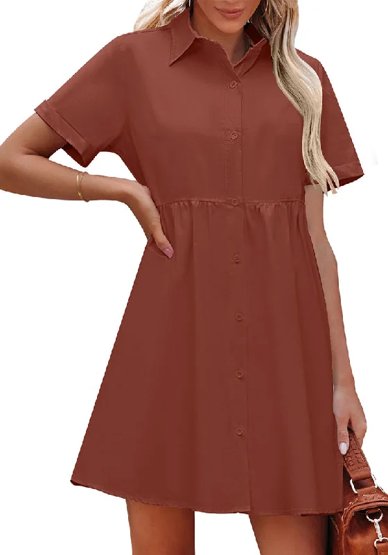 Backless DressBurnt Ochre Women's Short Sleeve Button Down Babydoll Dress A-Line Tunic Dress