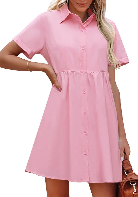 Minimalist DressCandy Pink Women's Short Sleeve Button Down Babydoll Dress A-Line Tunic Dress