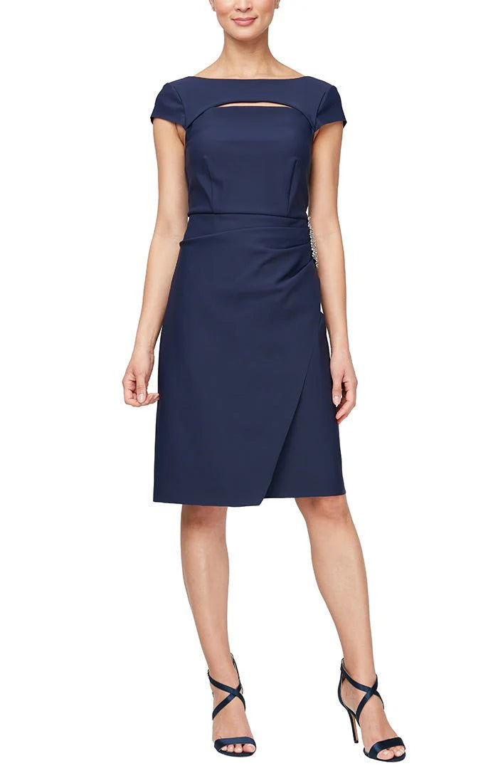 women's petite dressesAlex Group Cap Sleeve Sheath with split Neckline & Embellishment  | Navy