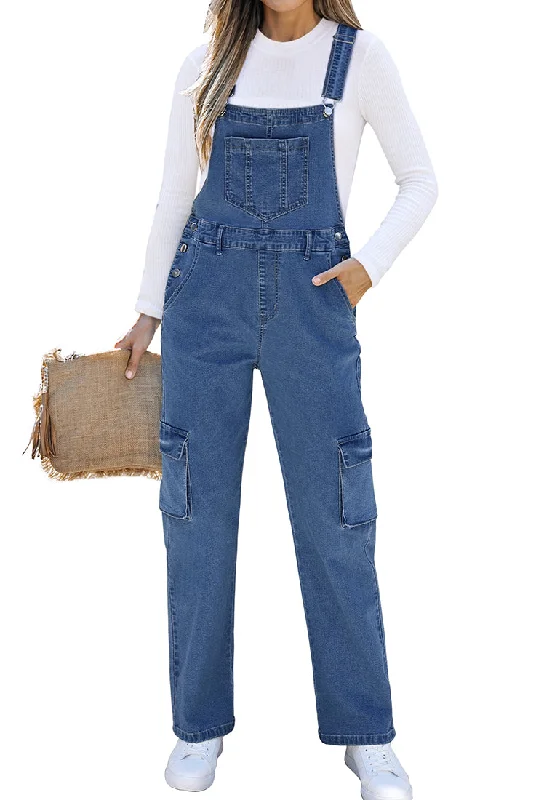 Casual DressClassic Blue Women's Casual Adjustable Strap Wide Leg Jumpsuit with Pocket Jeans Trouser